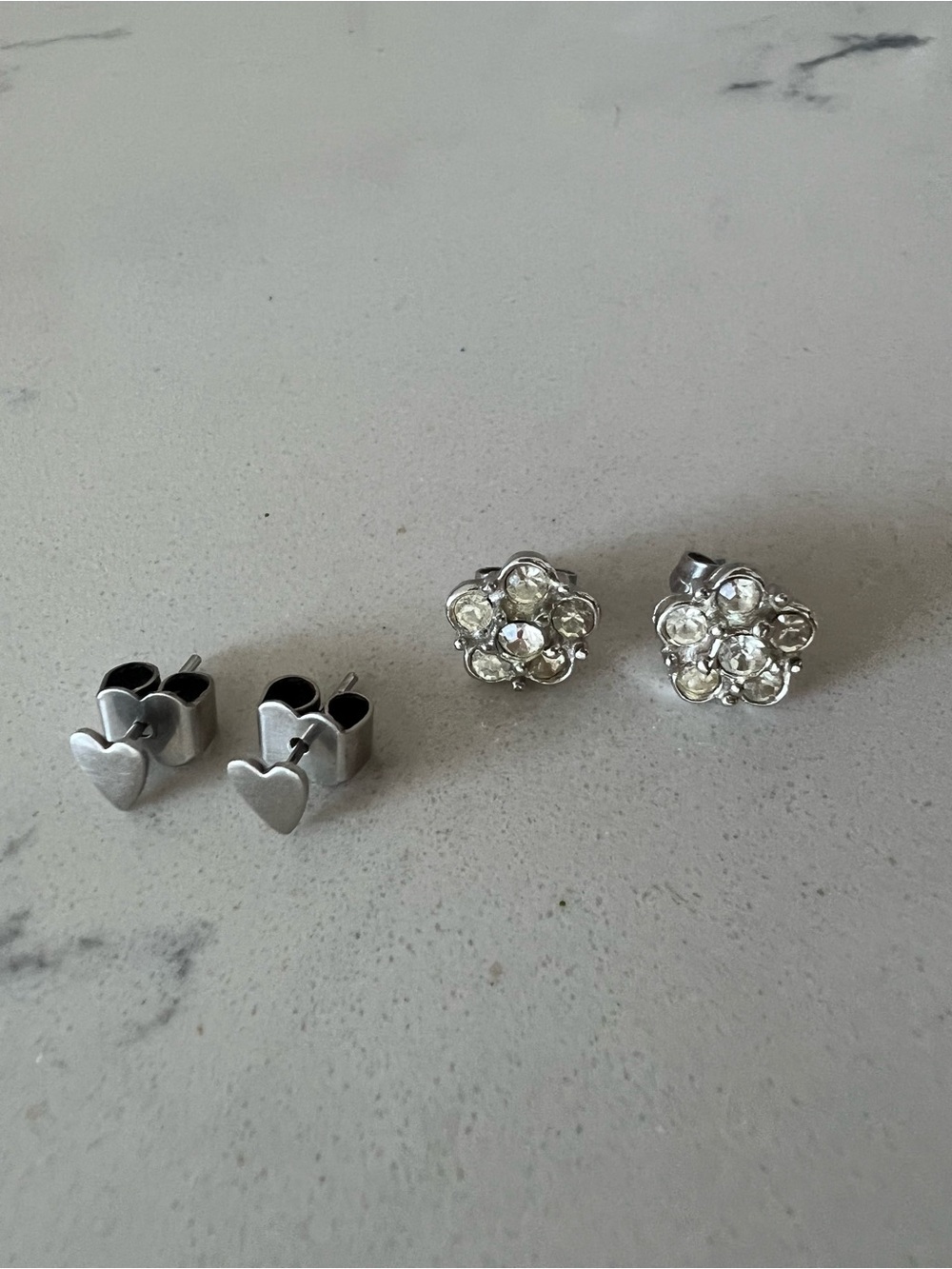 BOGO Deal! Vintage Silver Heart & Crystal Flower Stud Earrings Set